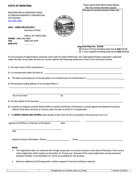 Registration Of Corporate Name Of Foreign Nonprofit Corporation Application - Montana Secretary Of State Printable pdf