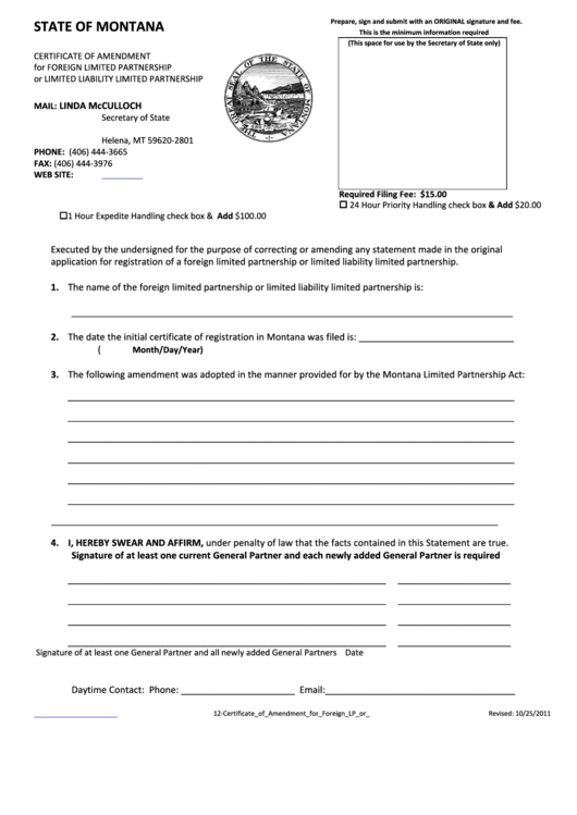 Certificate Of Amendment For Foreign Limited Partnership Or Limited Liability Limited Partnership Form - State Of Montana Revised: 10/25/2011 Printable pdf