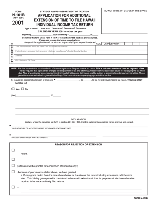 Form N-101b - Application For Additional Extension Of Time To File Hawaii Individual Income Tax Return - 2001 Printable pdf