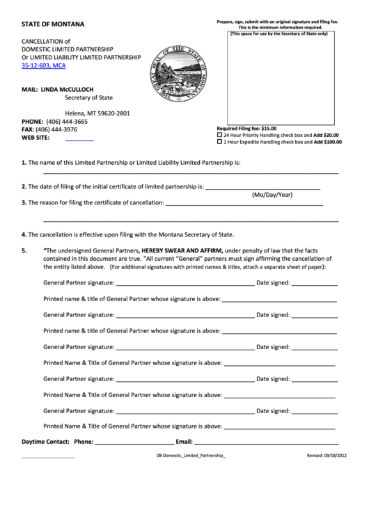 Cancellation Of Domestic Limited Partnership Or Limited Liability Limited Partnership Form 35-12-603, Mca - State Of Montana 2012 Printable pdf