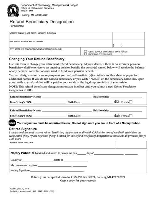 Refund Beneficiary Designation Form For Retirees Printable pdf