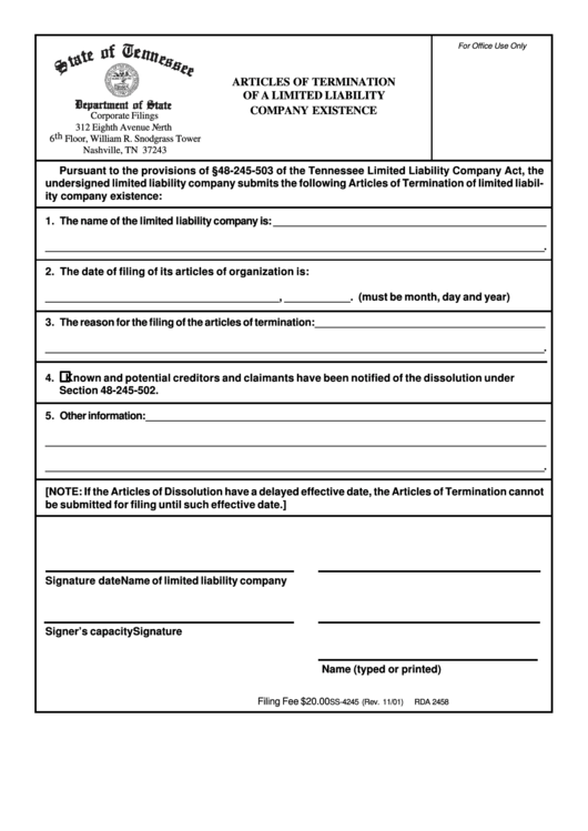Articles Of Termination Of A Limited Liability Company Existence Form - Tennessee Department Of State Printable pdf
