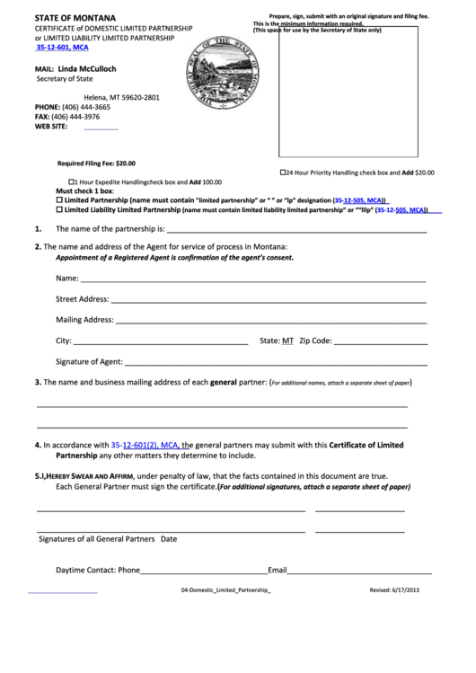 Certificate Of Domestic Limited Partnership Or Limited Liability Limited Partnership - Montana Secretary Of State - 2013 Printable pdf