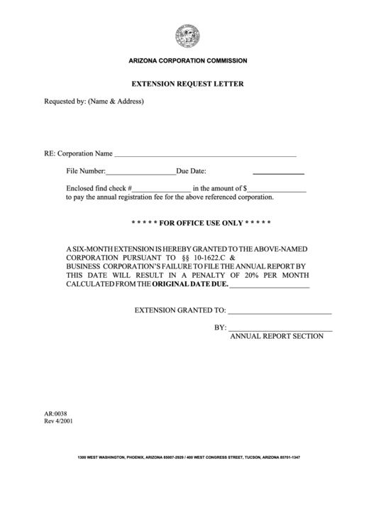 Form Ar:0038 - Extension Request Letter Form Printable pdf