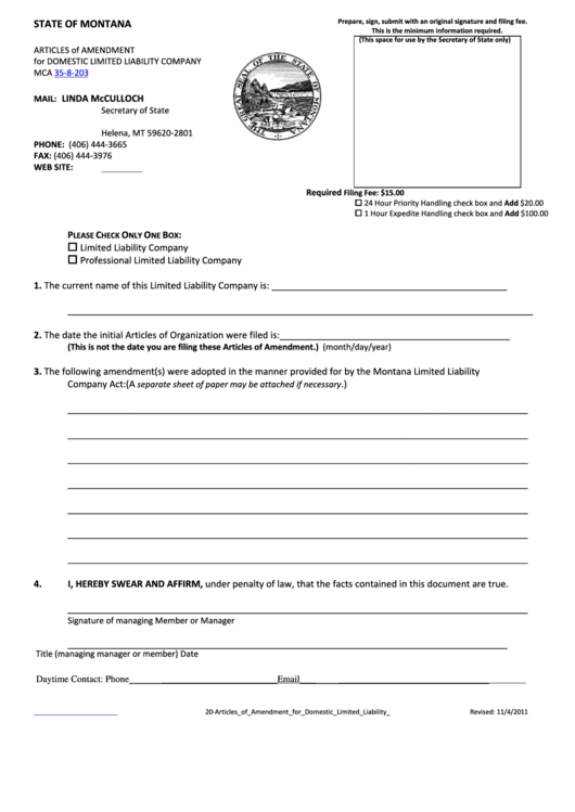 Articles Form Of Amendment For Domestic Limited Liability Company Mca 35-8-203 - State Of Montana - 2011 Printable pdf