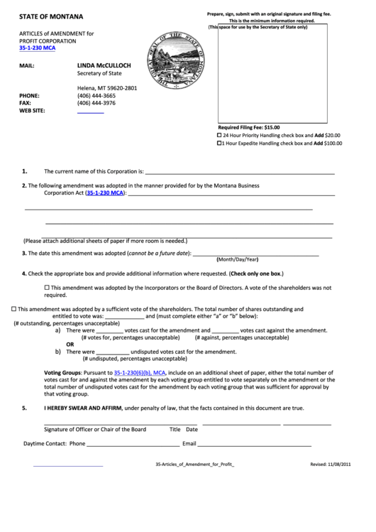 Articles Form Of Amendment For Profit Corporation 35-1-230 Mca - State Of Montana 2011 Printable pdf