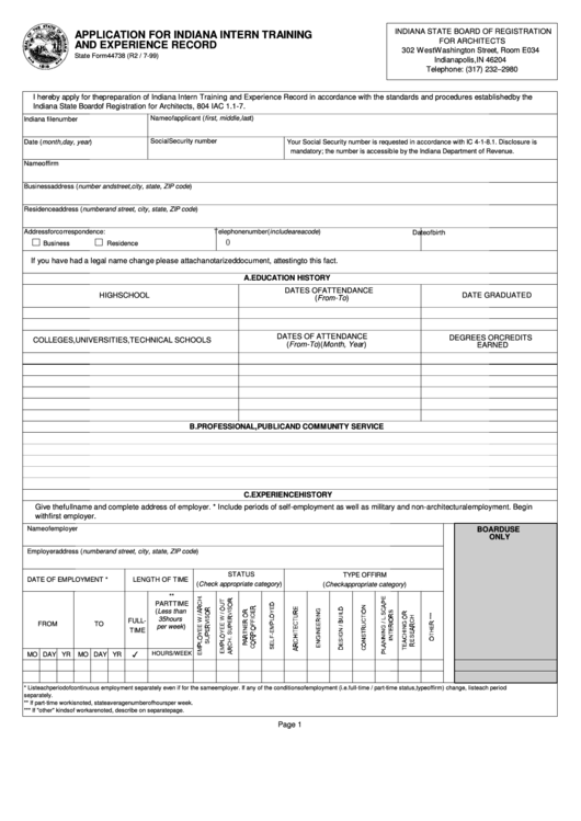Fillable Form 44738-Application For Indiana Intern Training And Experience Record Jule 1999 Printable pdf
