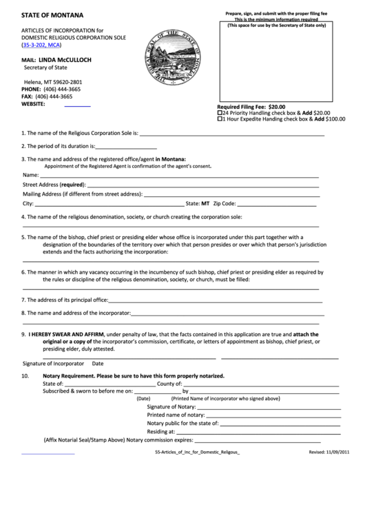 Articles Of Incorporation For Domestic Religious Corporation Sole (35-3-202, Mca) Form - Montana Secretary Of State Printable pdf