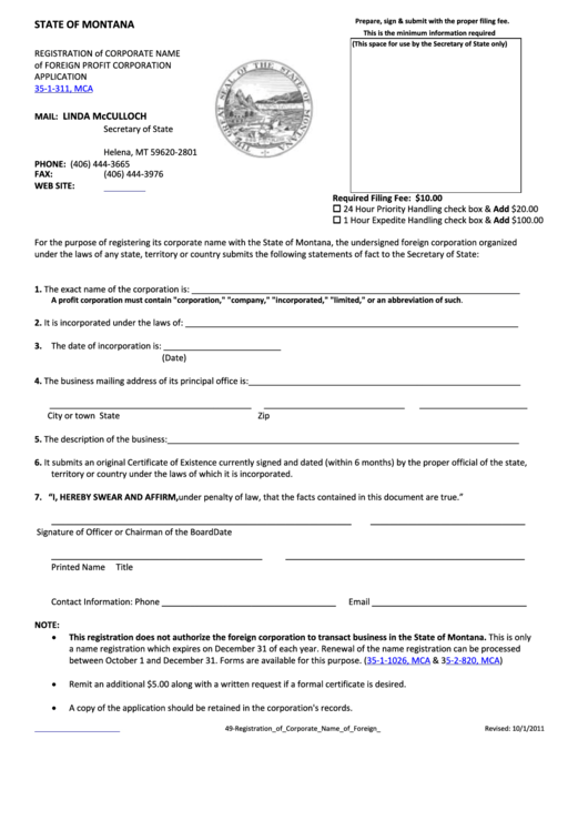 Registration Of Corporate Name Of Foreign Profit Corporation Application - Montana Secretary Of State Printable pdf