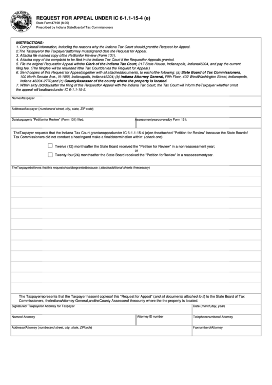 Fillable Form 47198-Request For Appeal Under Printable pdf