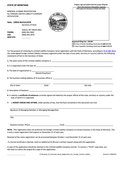 Renewal Of Name Registration For Foreign Limited Liability Company Application - Montana Secretary Of State Printable pdf