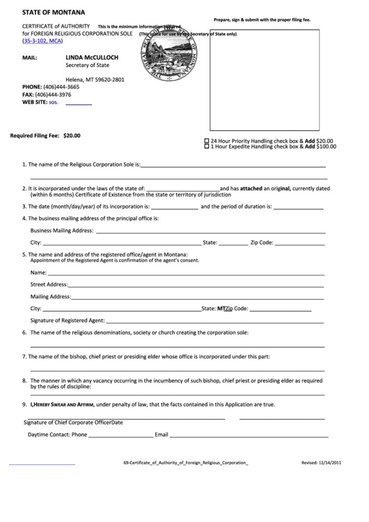 Certificate Form Of Authority For Foreign Religious Corporation Sole (35-3-102, Mca) - State Of Montana 2011 Printable pdf