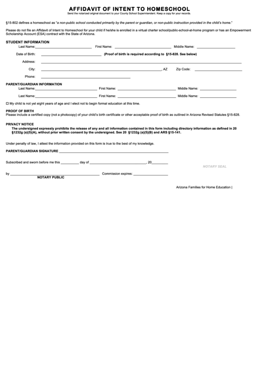 Affidavit Of Intent To Homeschool Form Printable pdf