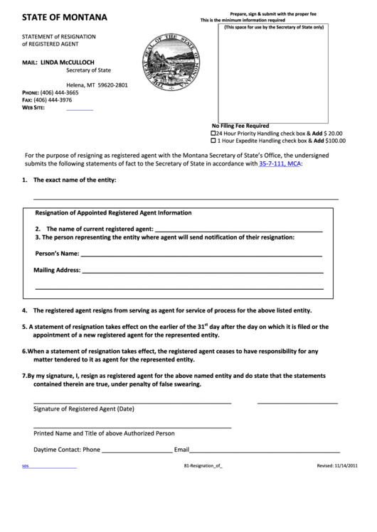 Statement Of Resignation Of Registered Agent - Montana Secretary Of State Printable pdf