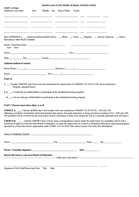 Maryland State Home School Notification Form Printable pdf