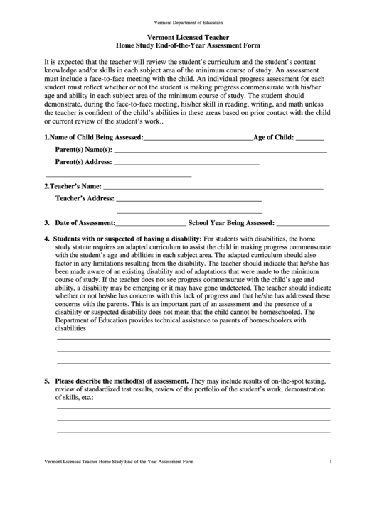 Home Study End-Of-The-Year Assessment Form Printable pdf