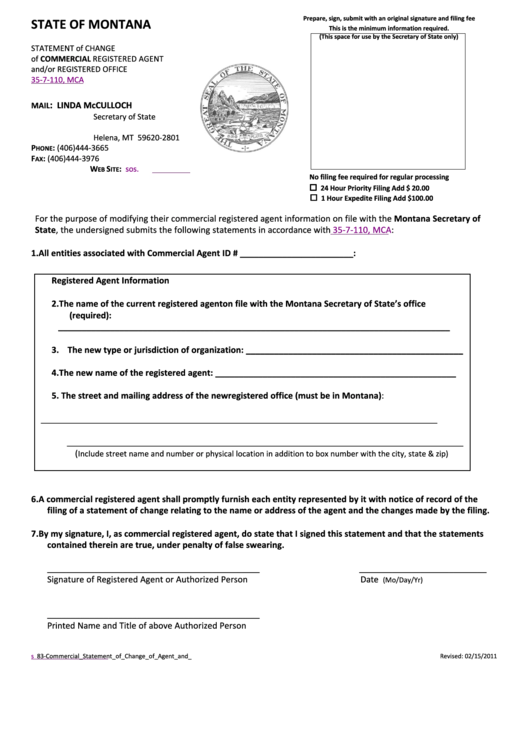 Statement Form Of Change Of Commercial Registered Agent And/or Registered Office 35-7-110, Mca - State Of Montana 2011 Printable pdf