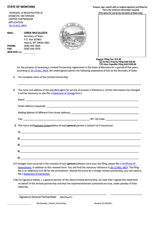 Renewal Of Registration Of Domestic Or Foreign Limited Partnership Application - Montana Secretary Of State - 2011 Printable pdf