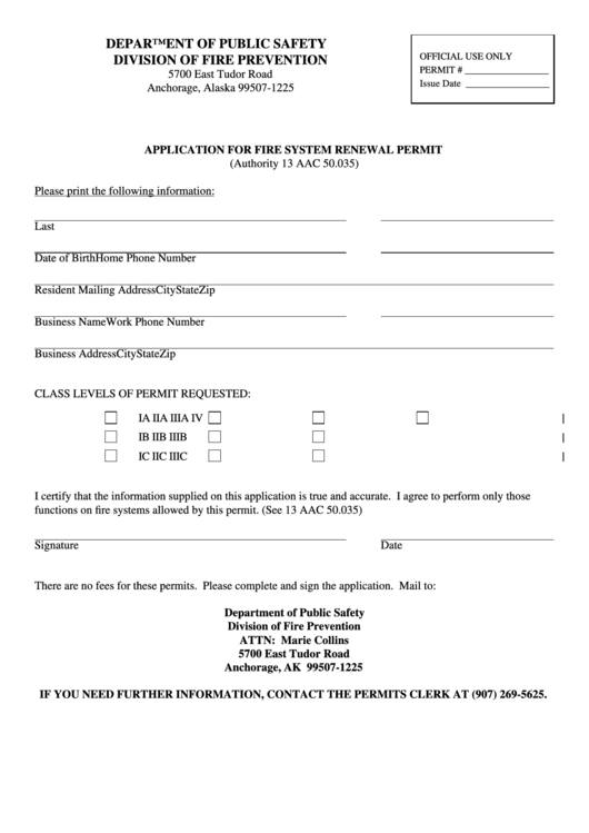 Application For Fire System Renewal Permit - Alaska Department Of Public Safety Printable pdf