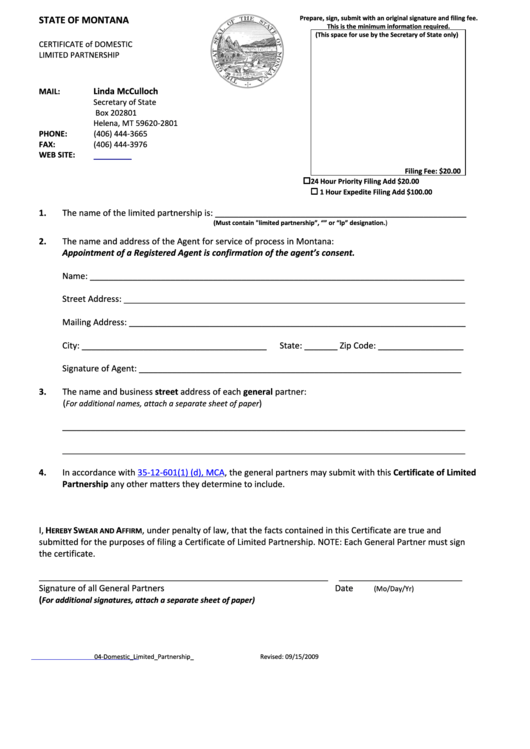 Certificate Form Of Domestic Limited Partnership - State Of Montana Revised: 09/15/2009 Printable pdf