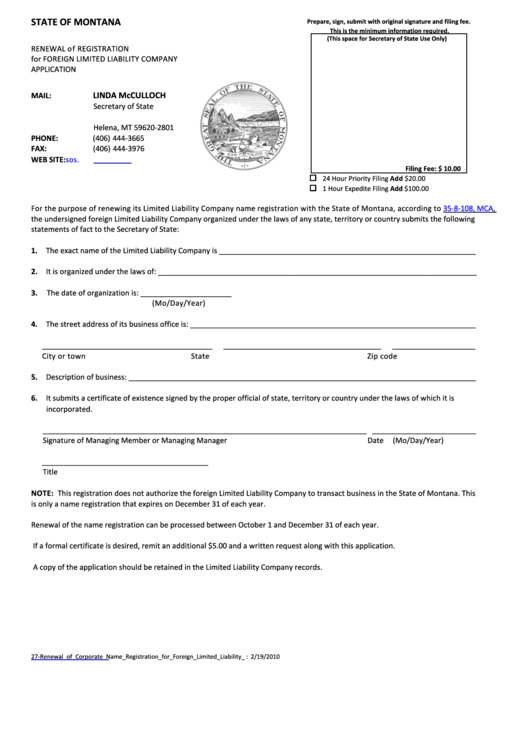 Renewal Of Registration For Foreign Limited Liability Company Application - Montana Secretary Of State Printable pdf