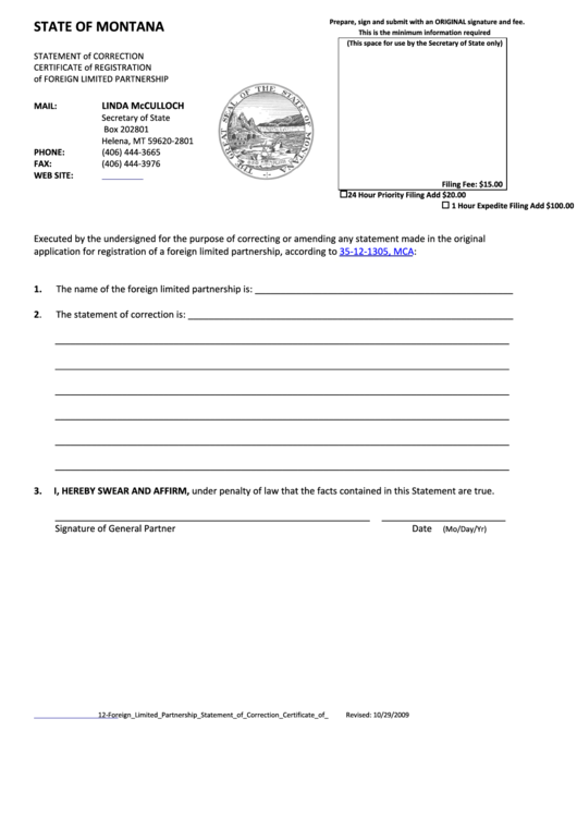 Statement Form Of Correction Certificate Of Registration Of Foreign Limited Partnership - State Of Montana 2009 Printable pdf