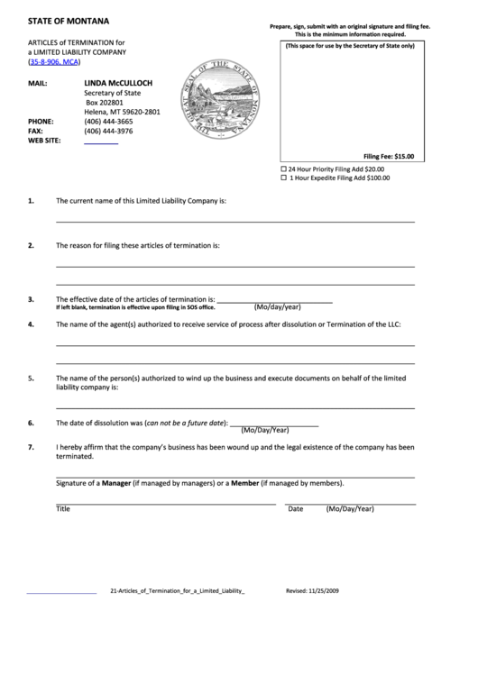 Articles Of Termination For A Limited Liability Company - Montana Secretary Of State Printable pdf