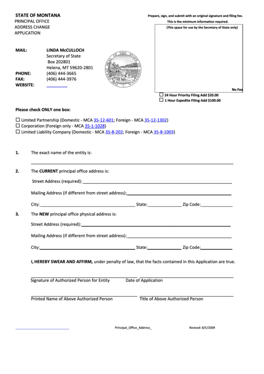 Principal Office Address Change Application - Montana Secretary Of State - 2009 Printable pdf