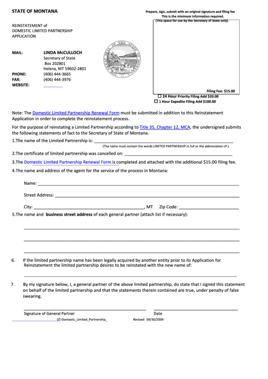Reinstatement Of Domestic Limited Partnership Application - Montana Secretary Of State - 2009 Printable pdf
