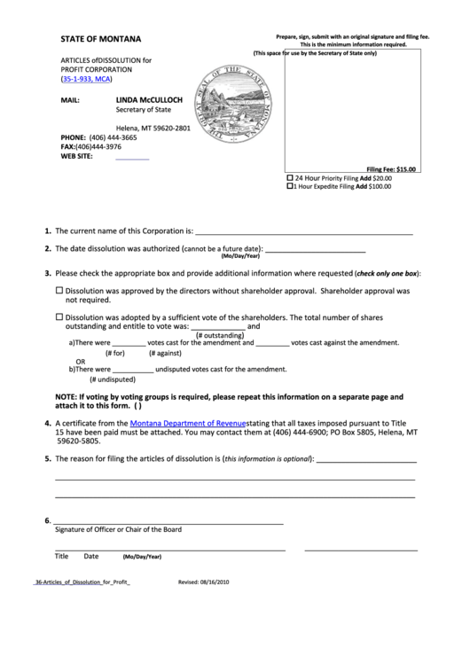 Articles Of Dissolution For Profit Corporation - Montana Secretary Of State - 2010 Printable pdf