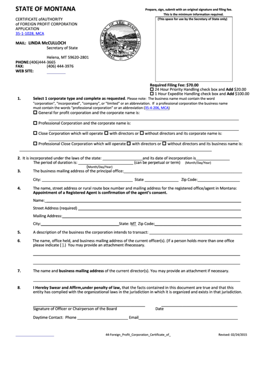 Certificate Of Authority Of Foreign Profit Corporation Application - Montana Secretary Of State Printable pdf