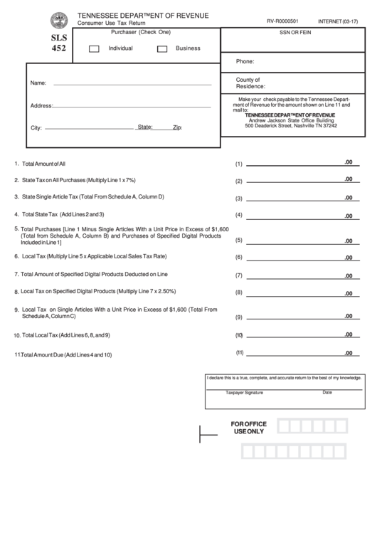 Form Sls 452 - Consumer Use Tax Return - Tennessee Department Of Revenue