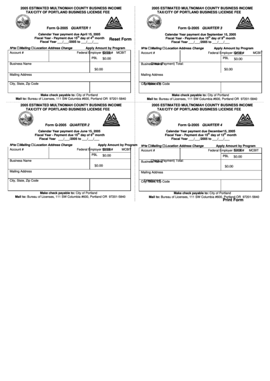 Fillable Form Q-2005 - Estimated Multnomah County Business Income Tax/ City Of Portland Business License Fee - 2005 Printable pdf