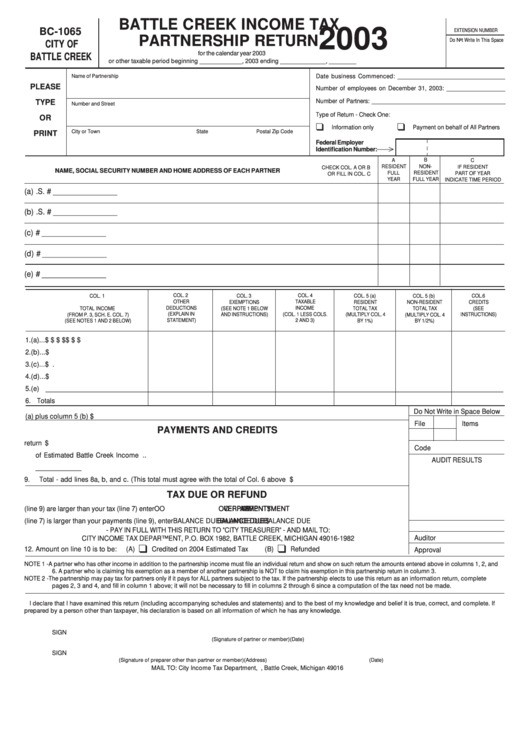Form Bc-1065 - Battle Creek Income Tax Partnership Return - 2003 Printable pdf