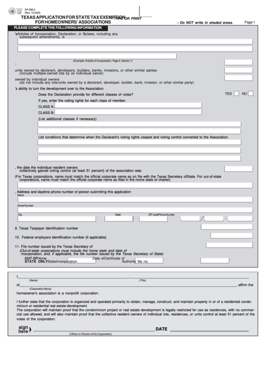 Fillable Form Ap-206-2 - Texas Application For State Tax Exemption For Homeowners