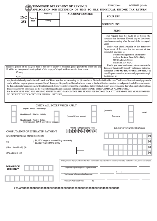 Form Inc 251 - Application For Extension Of Time To File Individual Income Tax Return - Tennessee Department Of Revenue Printable pdf