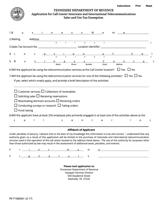 Application Form For Call Center Interstate And International Telecommunications Sales And Use Tax Exemption - Tennessee Department Of Revenue Printable pdf