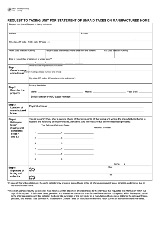 Form 50-293 - Request To Taxing Unit For Statement Of Unpaid Taxes On Manufactured Home Printable pdf