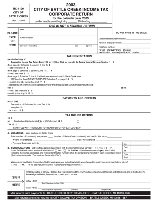 Form Bc-1120 - Income Tax Corporate Return - City Of Battle Creek - 2003 Printable pdf