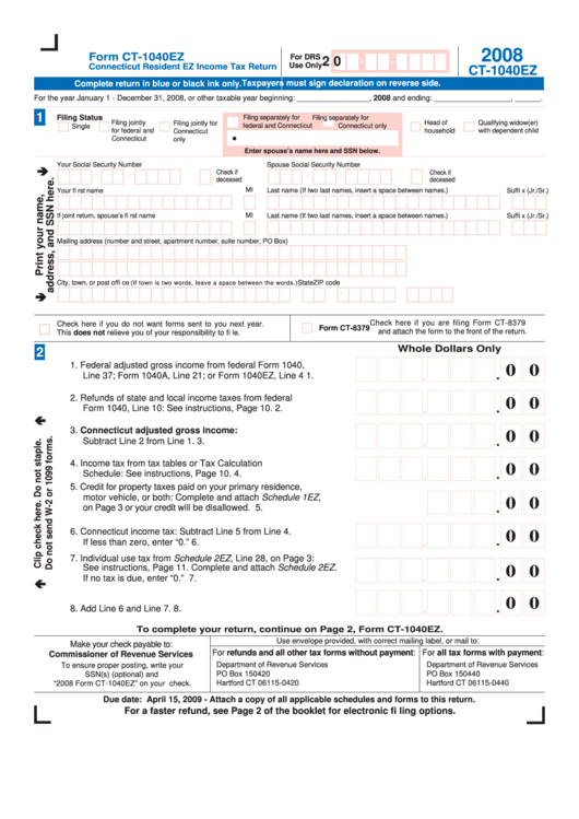 Form Ct-1040ez - Connecticut Resident Ez Income Tax Return - 2008 Printable pdf