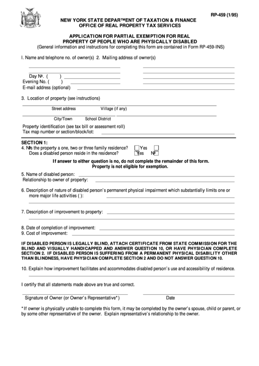 Fillable Form Rp-459 - Application For Partial Exemption For Real Property Of People Who Are Physically Disabled - 1995 Printable pdf