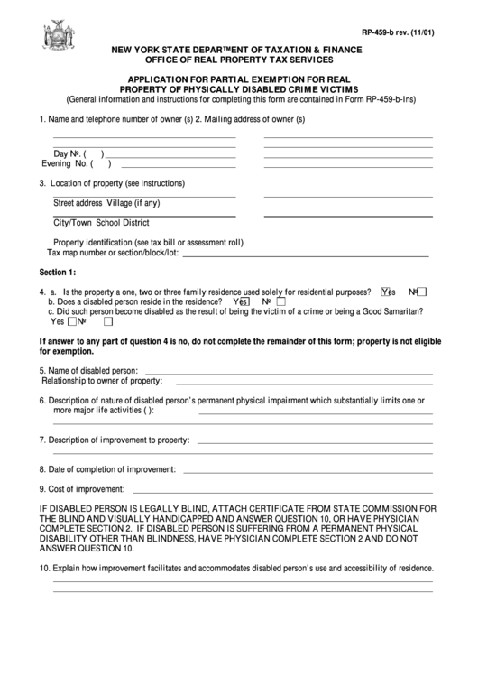 Fillable Form Rp-459-B - Application For Partial Exemption For Real Property Of Physically Disabled Crime Victims - 2001 Printable pdf