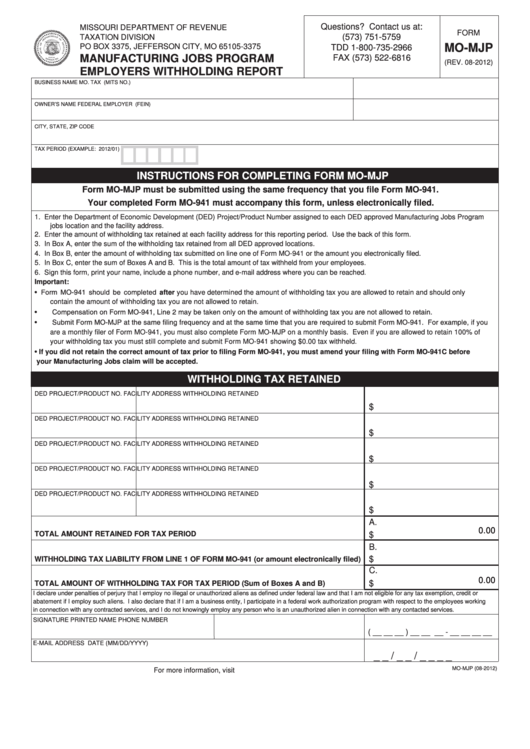 Fillable Form Mo-Mjp - Manufacturing Jobs Program Employers Withholding Report Printable pdf