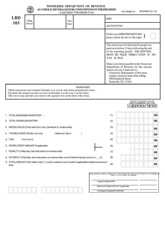 Form Lbd 103 - Alcoholic Beverages For Consumption On The Premises - Tennessee Department Of Revenue - 2014 Printable pdf
