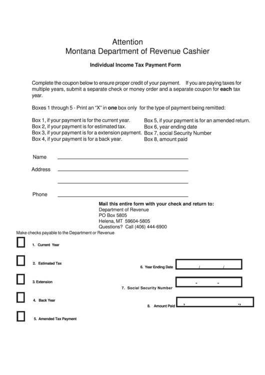Fillable Individual Income Tax Payment Form - Montana Department Of Revenue Cashier Printable pdf