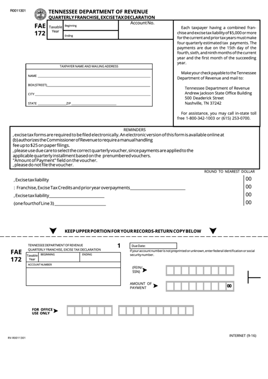 Form Fae 172 - Quarterly Franchise, Excise Tax Declaration - Tennessee Department Of Revenue Printable pdf