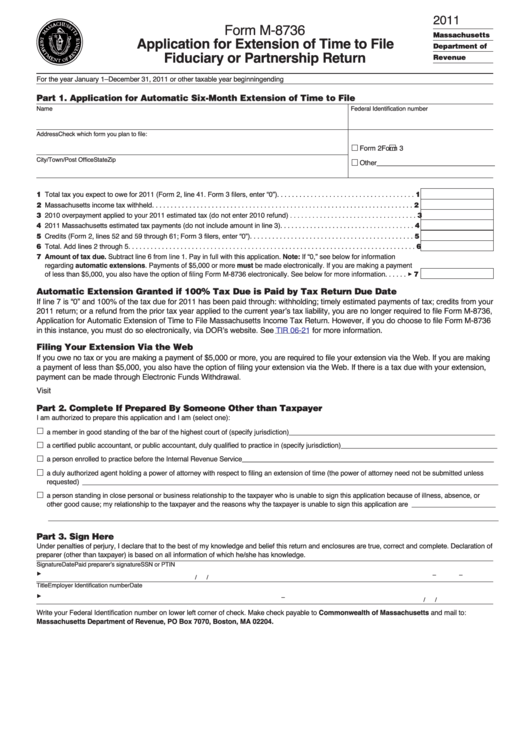 Form M-8736 - Application For Extension Of Time To File Fiduciary Or Partnership Return - 2011 Printable pdf