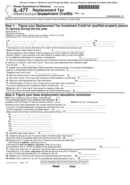 Fillable Form Il-477 - Replacement Tax Investment Credits Printable pdf