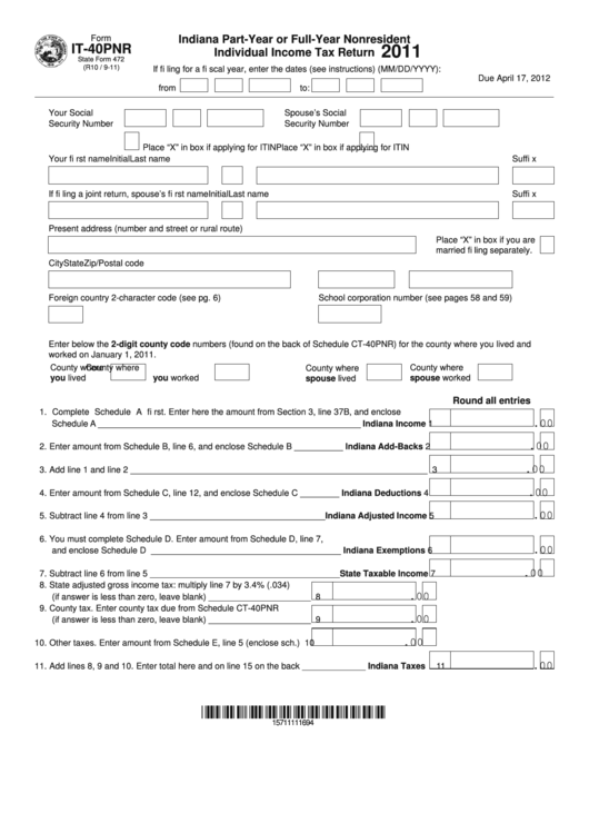 Fillable Form It-40pnr - Indiana Part-Year Or Full-Year Nonresident Individual Income Tax Return - 2011 Printable pdf