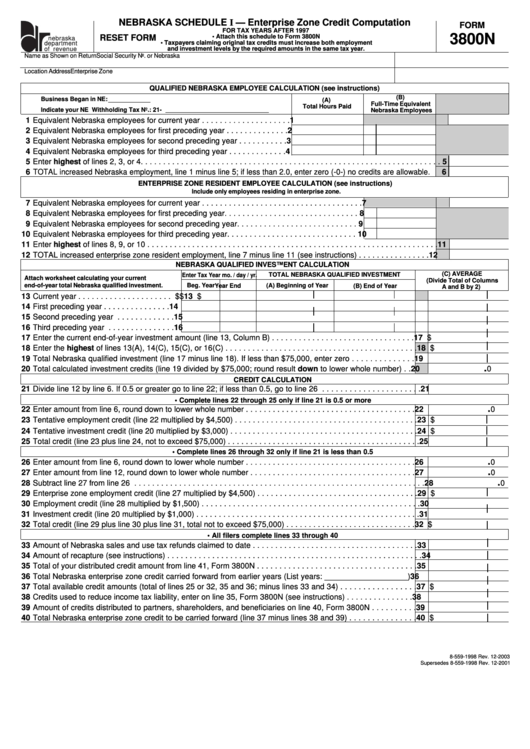 Fillable Form 3800n - Nebraska Schedule I - Enterprise Zone Credit Computation printable pdf